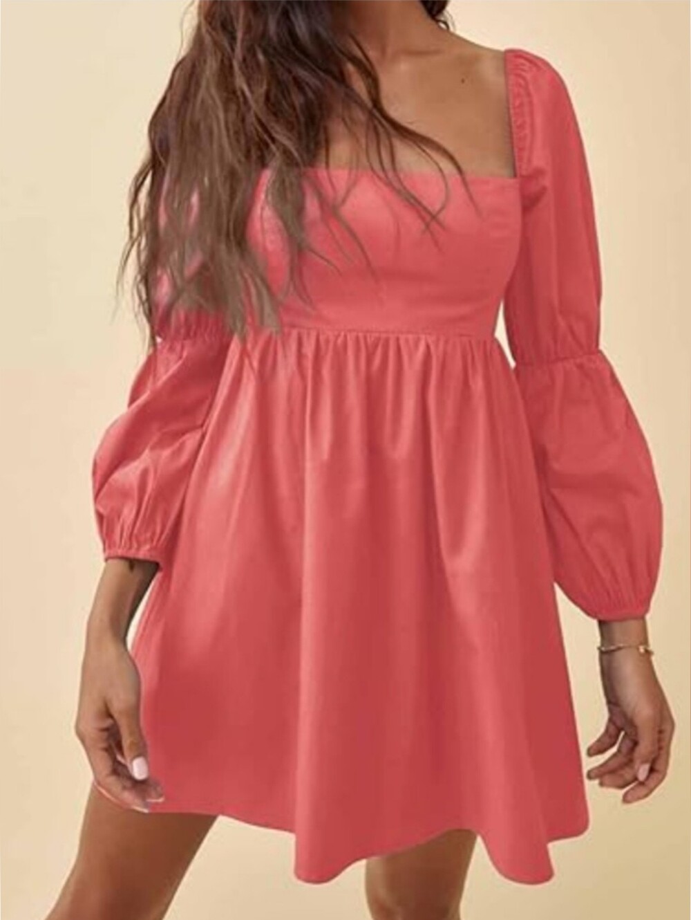 Exlura Square Neck Coral Puff-Sleeve Sz S Mini Dress 3771-CW